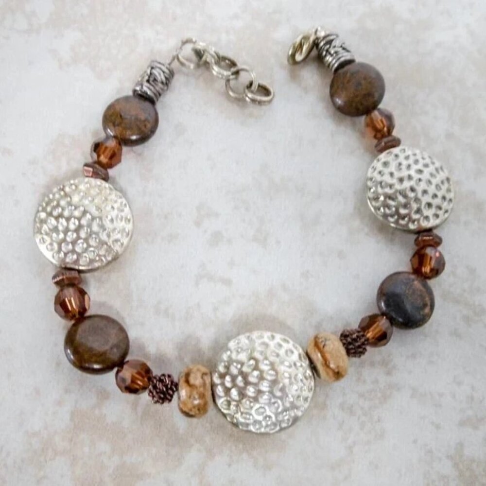 Boho Brown Beaded Bracelet w/ Hammered Silver Tone Discs Adjustable